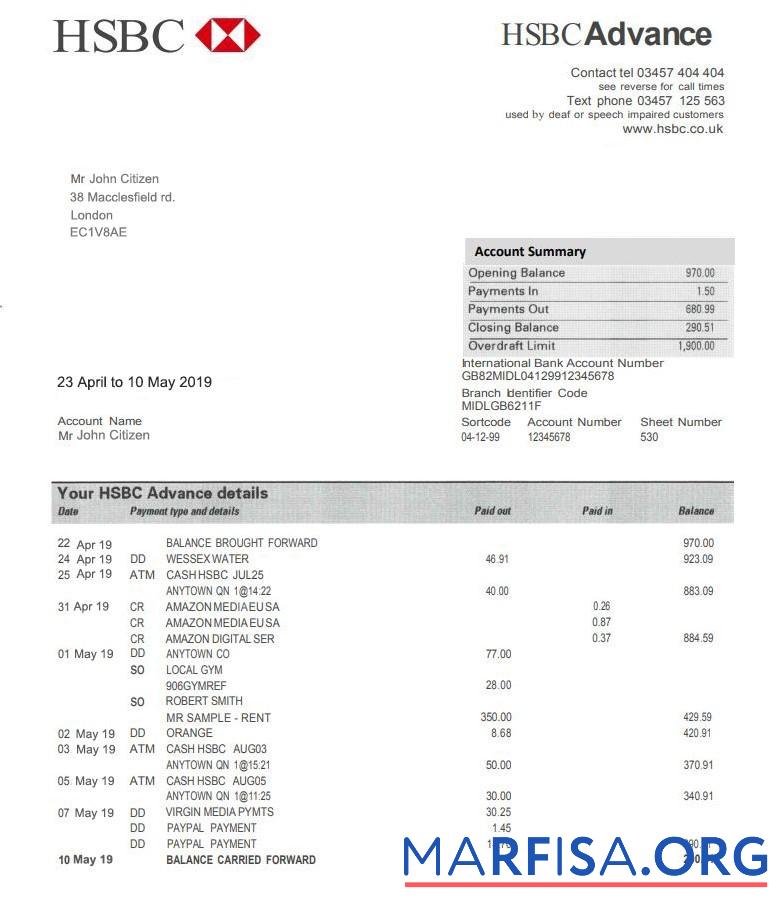 Realistic United Kingdom HSBC bank proof of address statement word example
